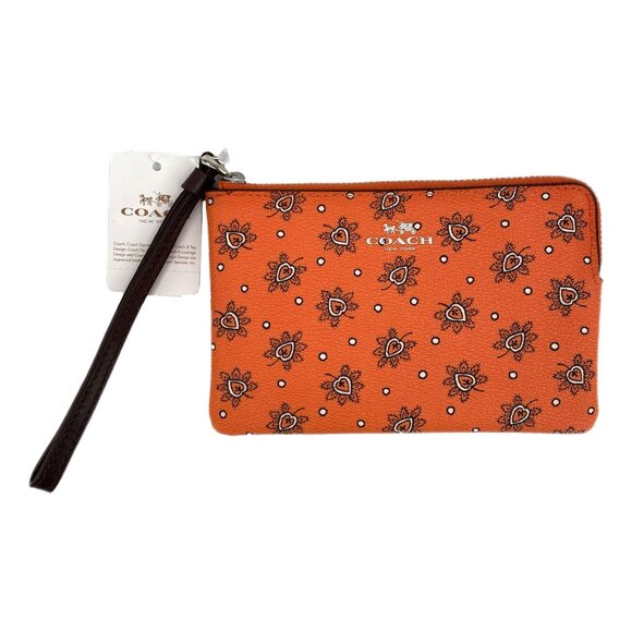 Coach Orange Brown Heart Print Leather Pouch Wristlet | New With Tags - Picture 1 of 9